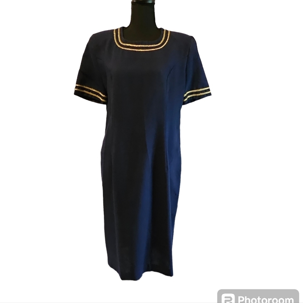 Miss Dorby Nautical Shift Dress Navy Blue Gold 50% Polyester 50% Rayon Size 12